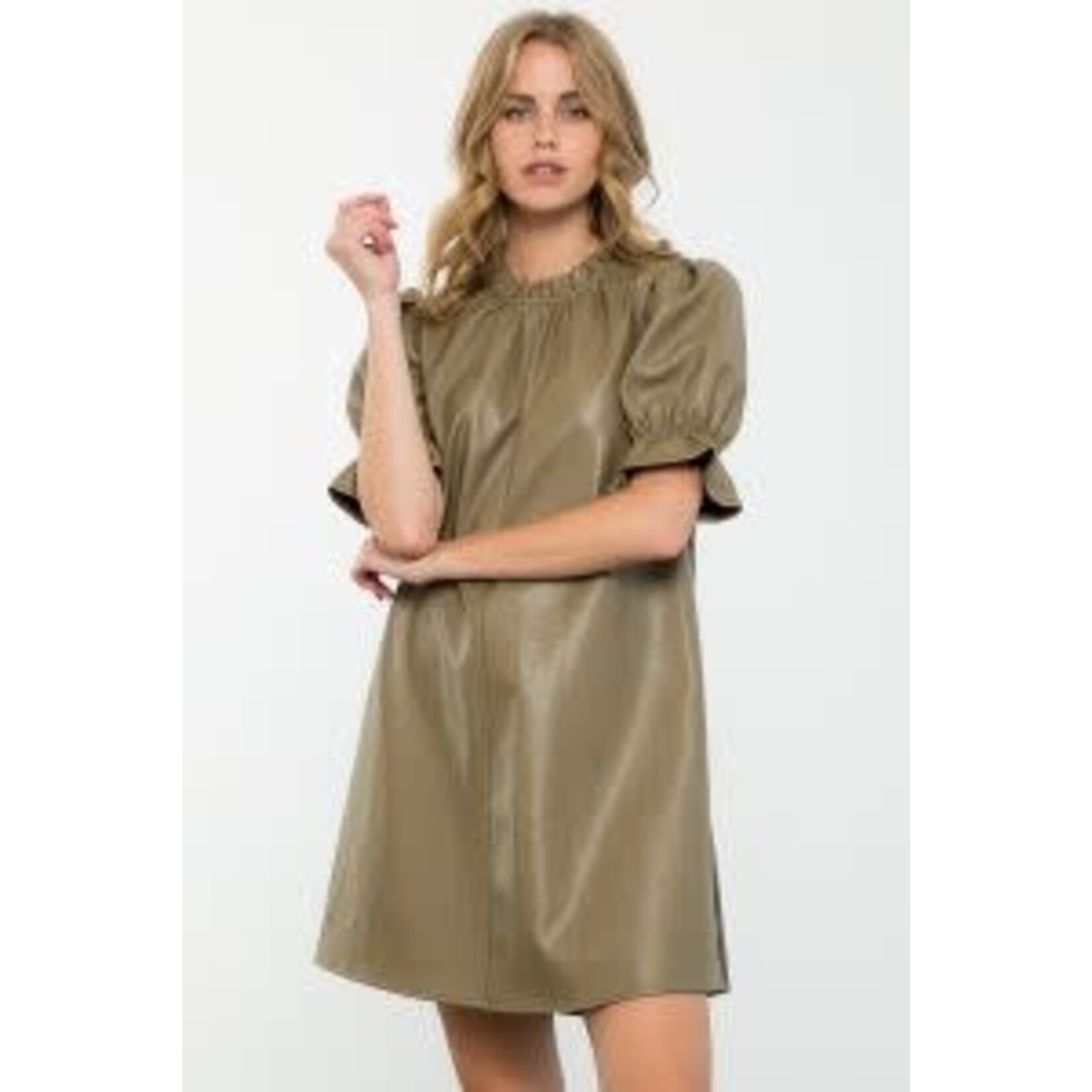 THML Olive Puff Sleeve Leather Dress