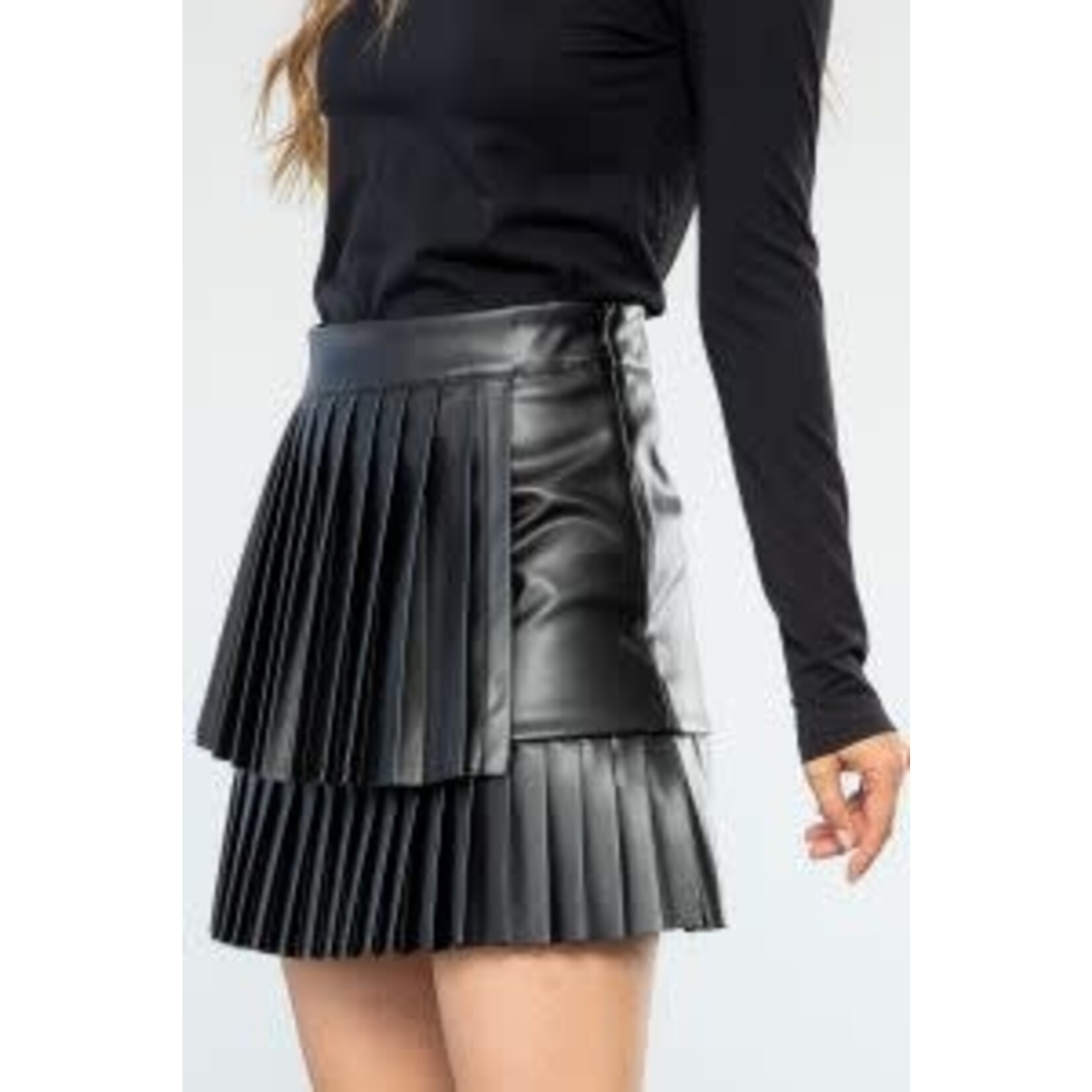 THML Black Leather Pleated Skirt