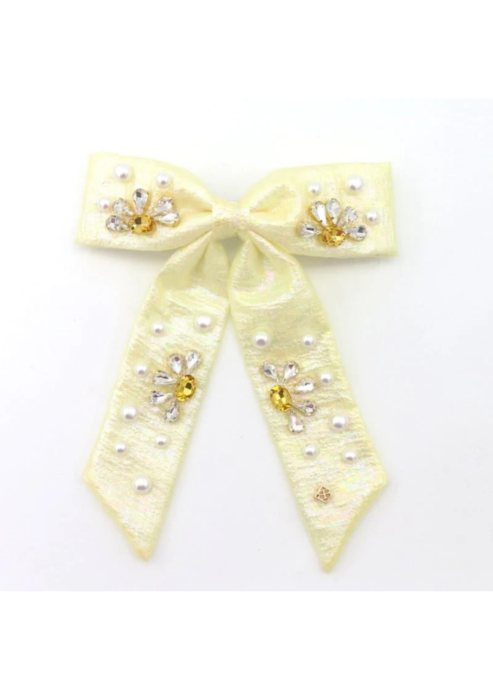 Brianna Cannon YELLOW SHIMMER BOW BARRETTE WITH CRYSTALS & PEARLS