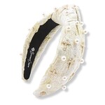 Brianna Cannon GOLD AND IVORY METALLIC HEADBAND WITH PEARLS AND CROSSES