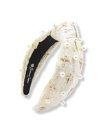 Brianna Cannon GOLD AND IVORY METALLIC HEADBAND WITH PEARLS AND CROSSES