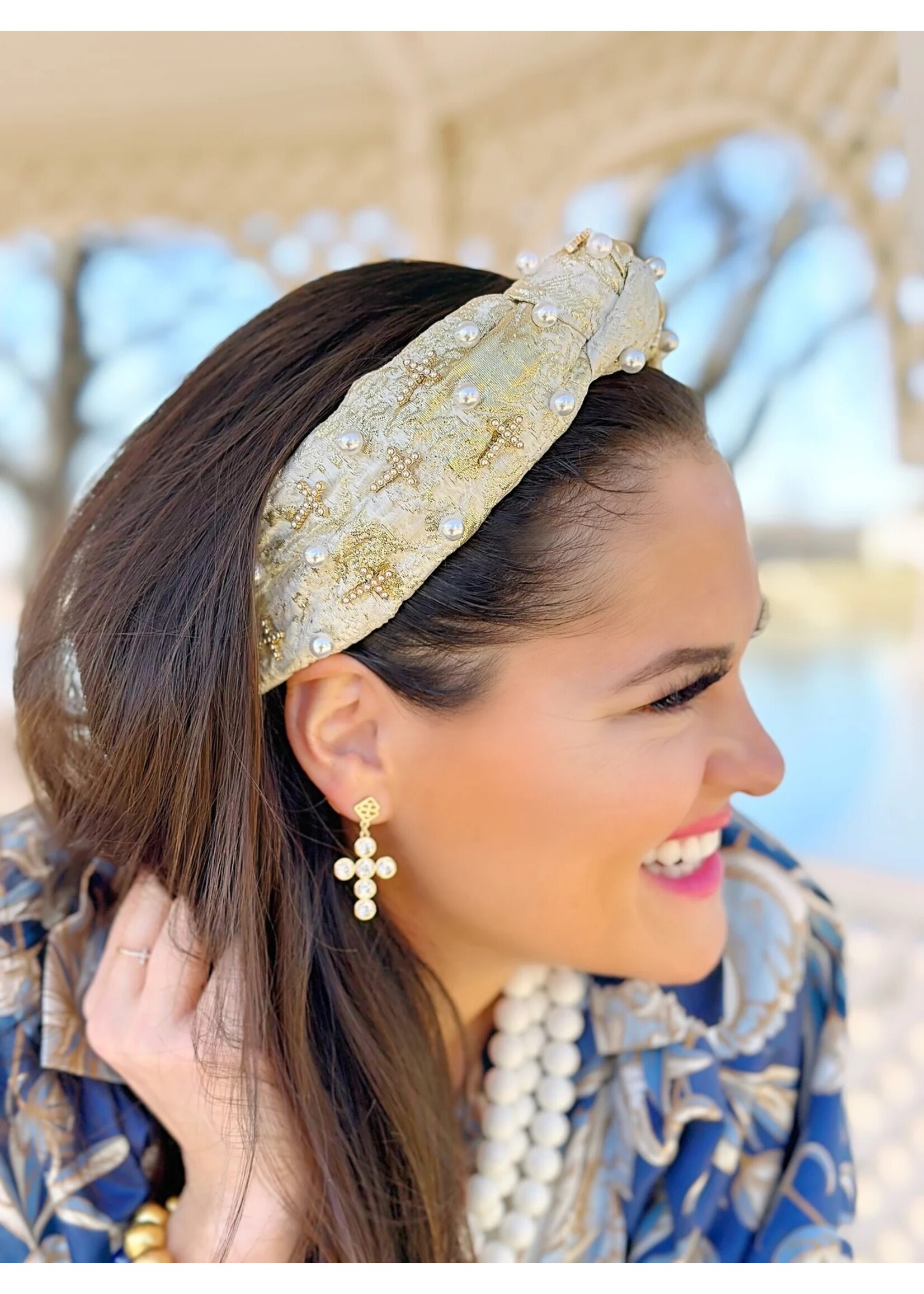 Brianna Cannon GOLD AND IVORY METALLIC HEADBAND WITH PEARLS AND CROSSES
