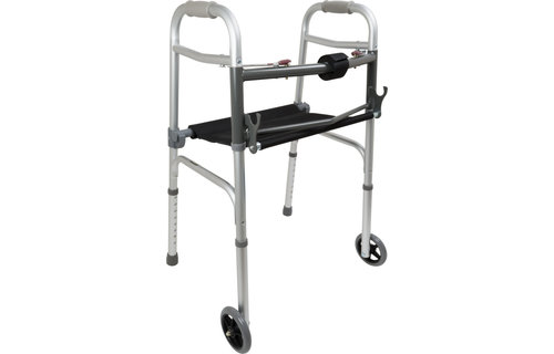 Probasics Two-Button Folding Walker with wheels and Roll-Up Seat