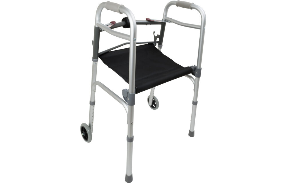 CAREX ALUMINUM ADULT WALKER 2 BUTTON W/ SEAT AND W/ WHEELS