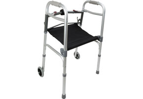 CAREX ALUMINUM ADULT WALKER 2 BUTTON W/ SEAT AND W/ WHEELS