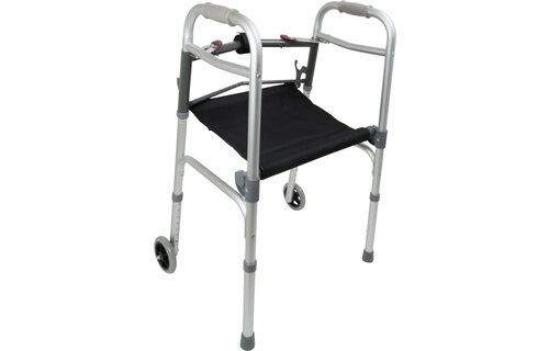 CAREX ALUMINUM ADULT WALKER 2 BUTTON W/ SEAT AND W/ WHEELS
