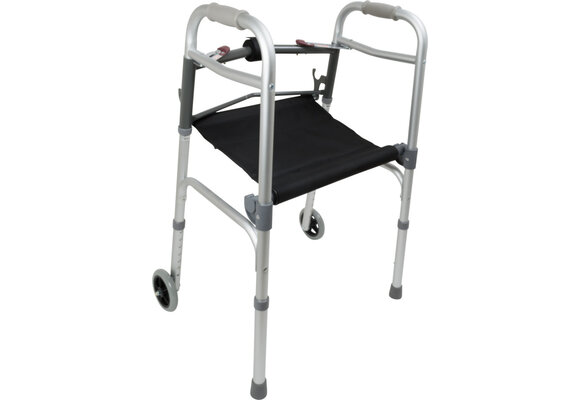 CAREX ALUMINUM ADULT WALKER 2 BUTTON W/ SEAT AND W/ WHEELS