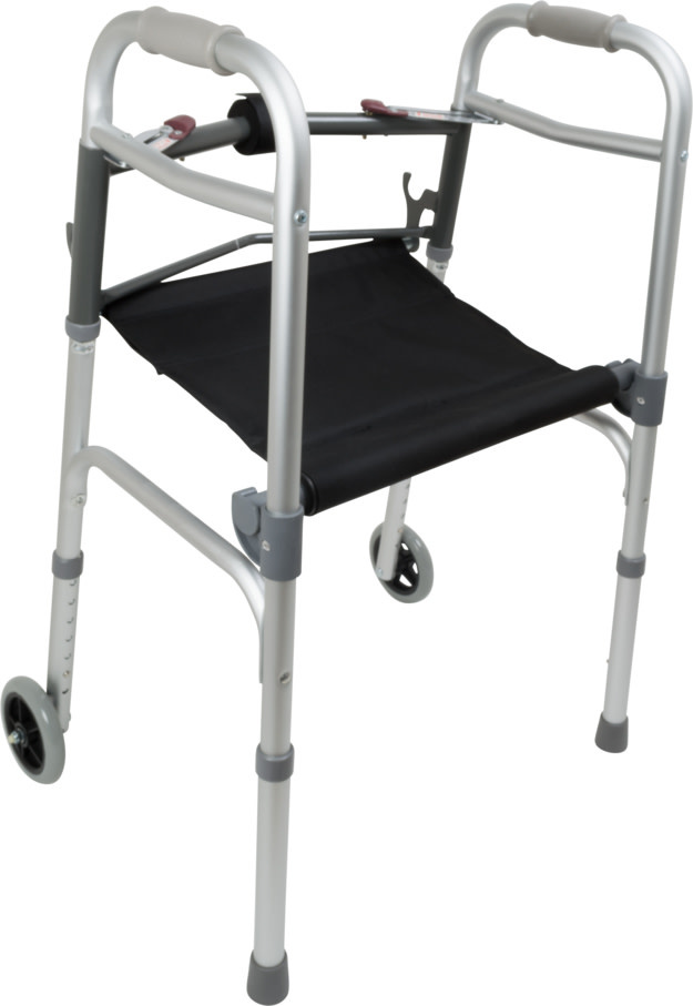 CAREX ALUMINUM ADULT WALKER 2 BUTTON W/ SEAT AND W/ WHEELS