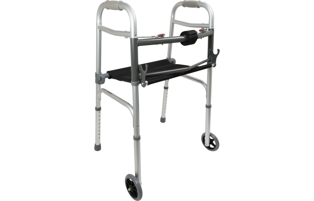 CAREX ALUMINUM ADULT WALKER 2 BUTTON W/ SEAT AND W/ WHEELS