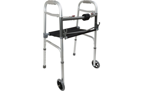 CAREX ALUMINUM ADULT WALKER 2 BUTTON W/ SEAT AND W/ WHEELS