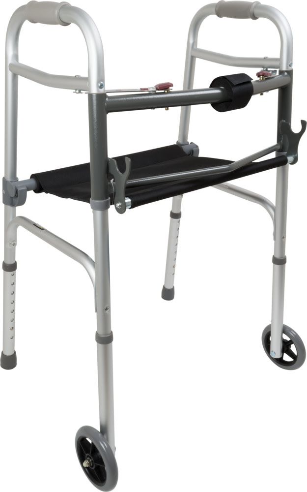 CAREX ALUMINUM ADULT WALKER 2 BUTTON W/ SEAT AND W/ WHEELS