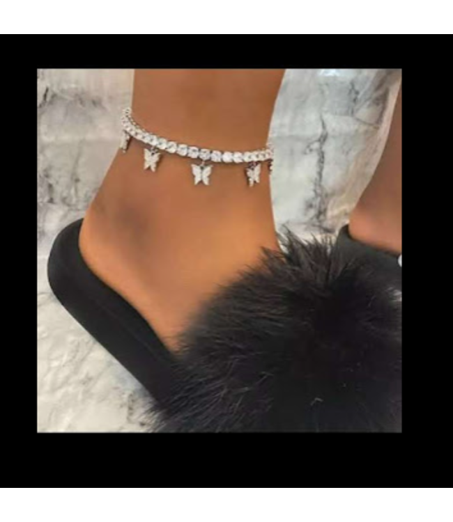 A.X. FASHION BUTTERFLY RHINESTONE ANKLET SILVER