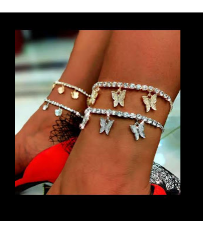 A.X. FASHION BUTTERFLY RHINESTONE ANKLET SILVER