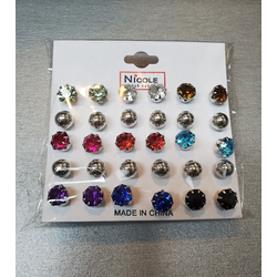 15PK MULTI COLOR STUD MED BALLS/GEMS EARINGS