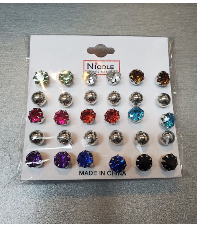 15PK MULTI COLOR STUD MED BALLS/GEMS EARINGS