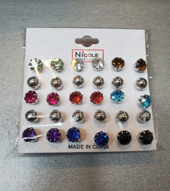15PK MULTI COLOR STUD MED BALLS/GEMS EARINGS