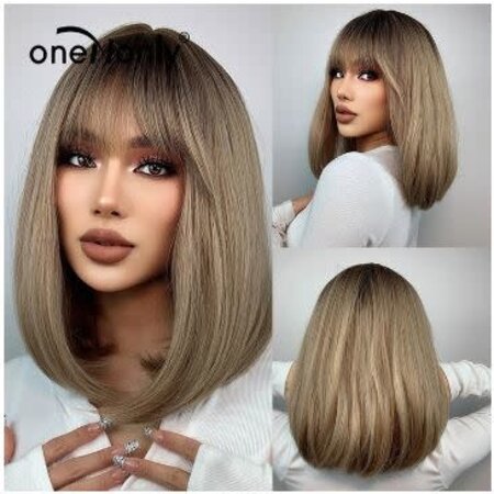 ONE N ONLY LC6082-1 C07122  SHORT STRIAGHT  BOB WOMEN WIG # BROWN OMBRE BLONDE