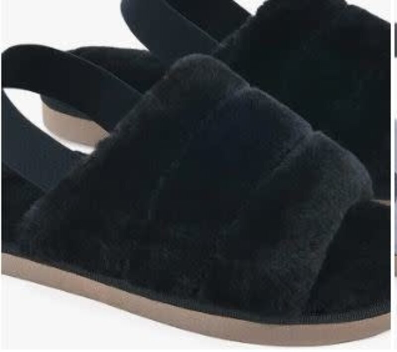 LORDFOR LORDFON BLACK FUZZY SLIPPERS WITH STRAPS