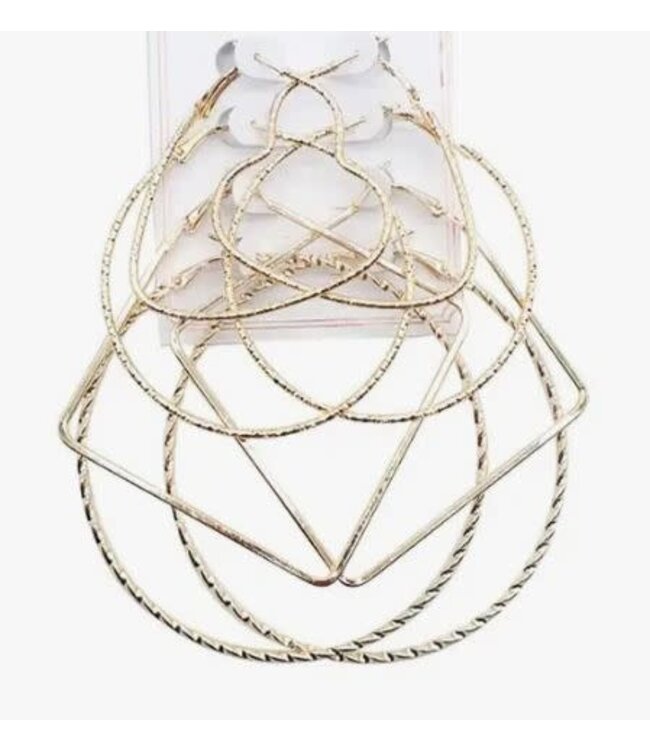 MULTI SHAPE HOOP EARRING SET GOLD 4PC