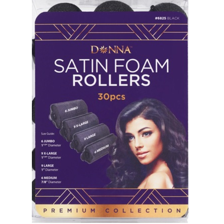 DONNA SATIN FOAM ROLLERS 30PC M/L/XL JUMBO