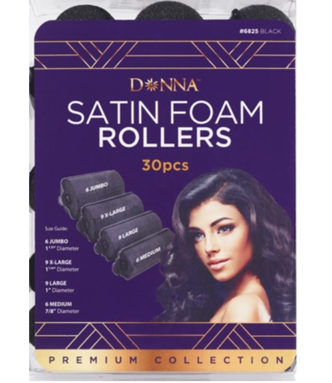 DONNA SATIN FOAM ROLLERS 30PC M/L/XL JUMBO