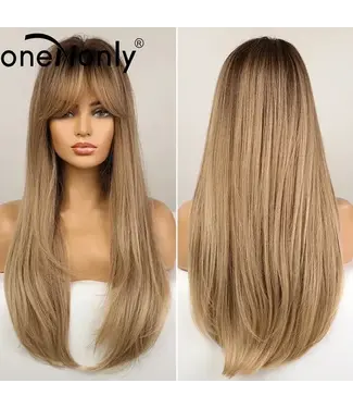 ONE N ONLY  LC336-1 B12223 LONG BROWN ASH BLOND HIGHLIGHT STRAIGHT WOMEN WIG  WITH BANG