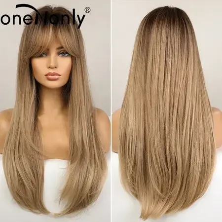 ONE N ONLY  LC336-1 B12223 LONG BROWN ASH BLOND HIGHLIGHT STRAIGHT WOMEN WIG  WITH BANG