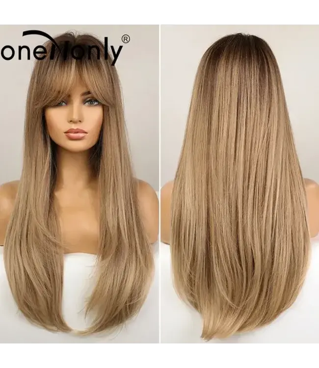 ONE N ONLY  LC336-1 B12223 LONG BROWN ASH BLOND HIGHLIGHT STRAIGHT WOMEN WIG  WITH BANG