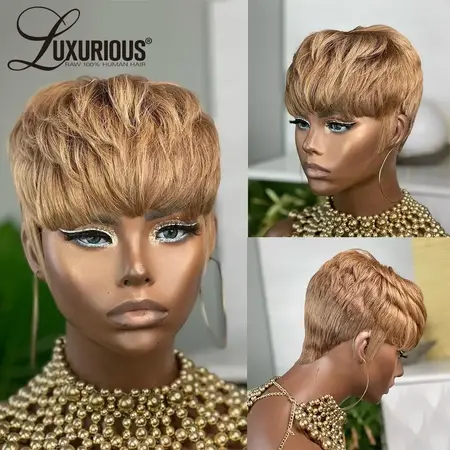 SHORT PIXIE CUT GLUELESS REMY HUMAN HAIR WIG BLONDE