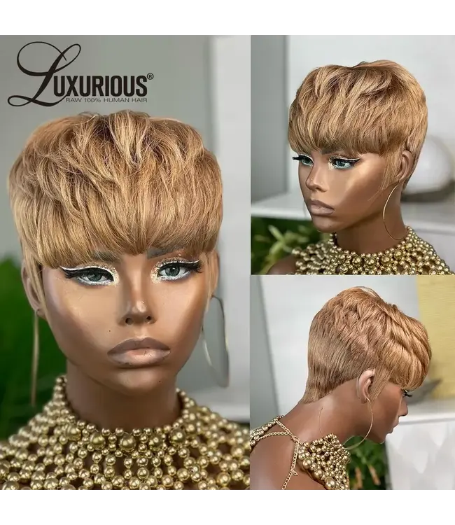 SHORT PIXIE CUT GLUELESS REMY HUMAN HAIR WIG BLONDE