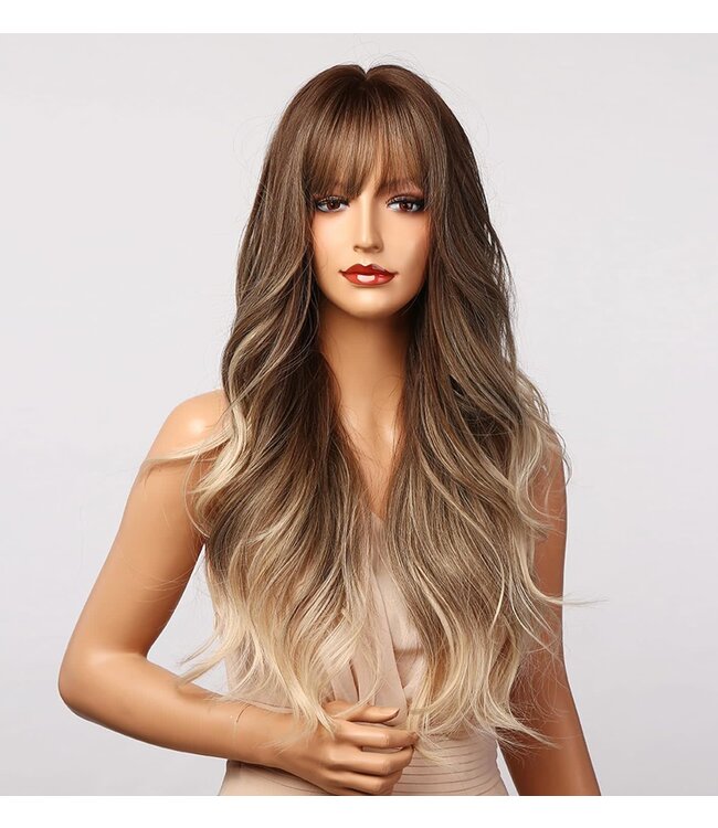 ONE N ONLY  LC6118-1 OMBRE BROWN/BLONDE LOOSE WAVE WOMEN WIG  WITH BANG