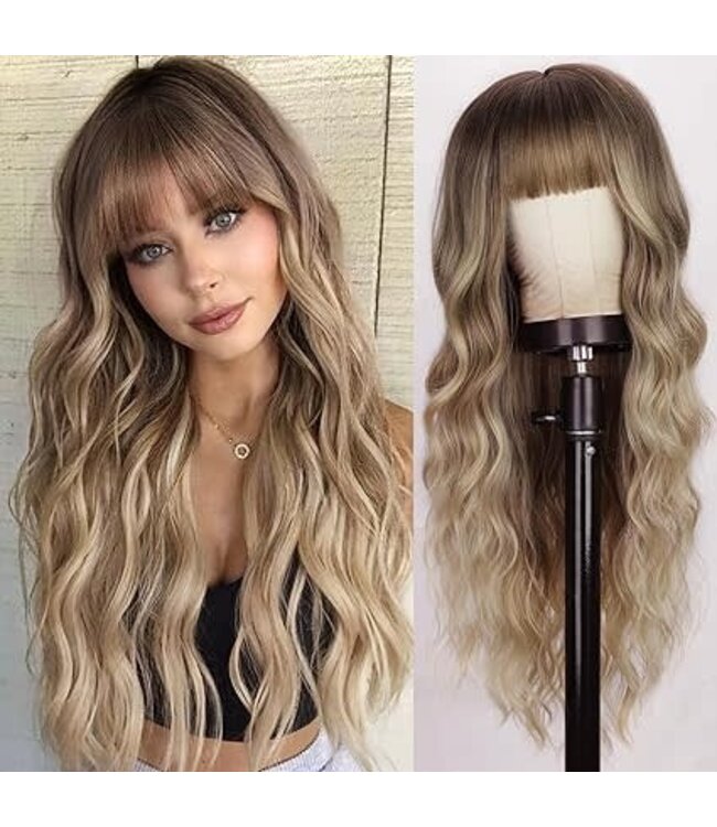 ONE N ONLY  CLC8073-1 BRWN/ASH BLONDE WATER WAVE WOMEN WIG  WITH BANG