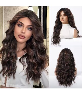 Long Wavy Black Brown Highlight Synthetic Wig