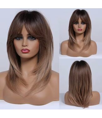 BLONDE BROWN OMBRE SYNTHETIC WIG LONG LAYERED STRAIGHT WIG WITH BANGS