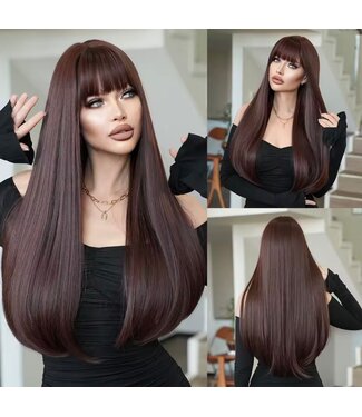 DARK BROWN LONG STRAIGHT WIG WITH BANGS