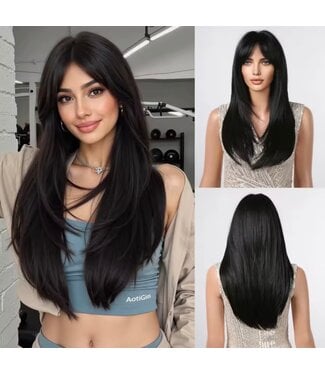 DASHLEY SYNTHETIC LONG WIG WITH BANGS JET BLACK 26"