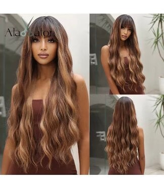 BROWN HIGHLIGHT SYNTHETIC WIG WITH BANGS 26"