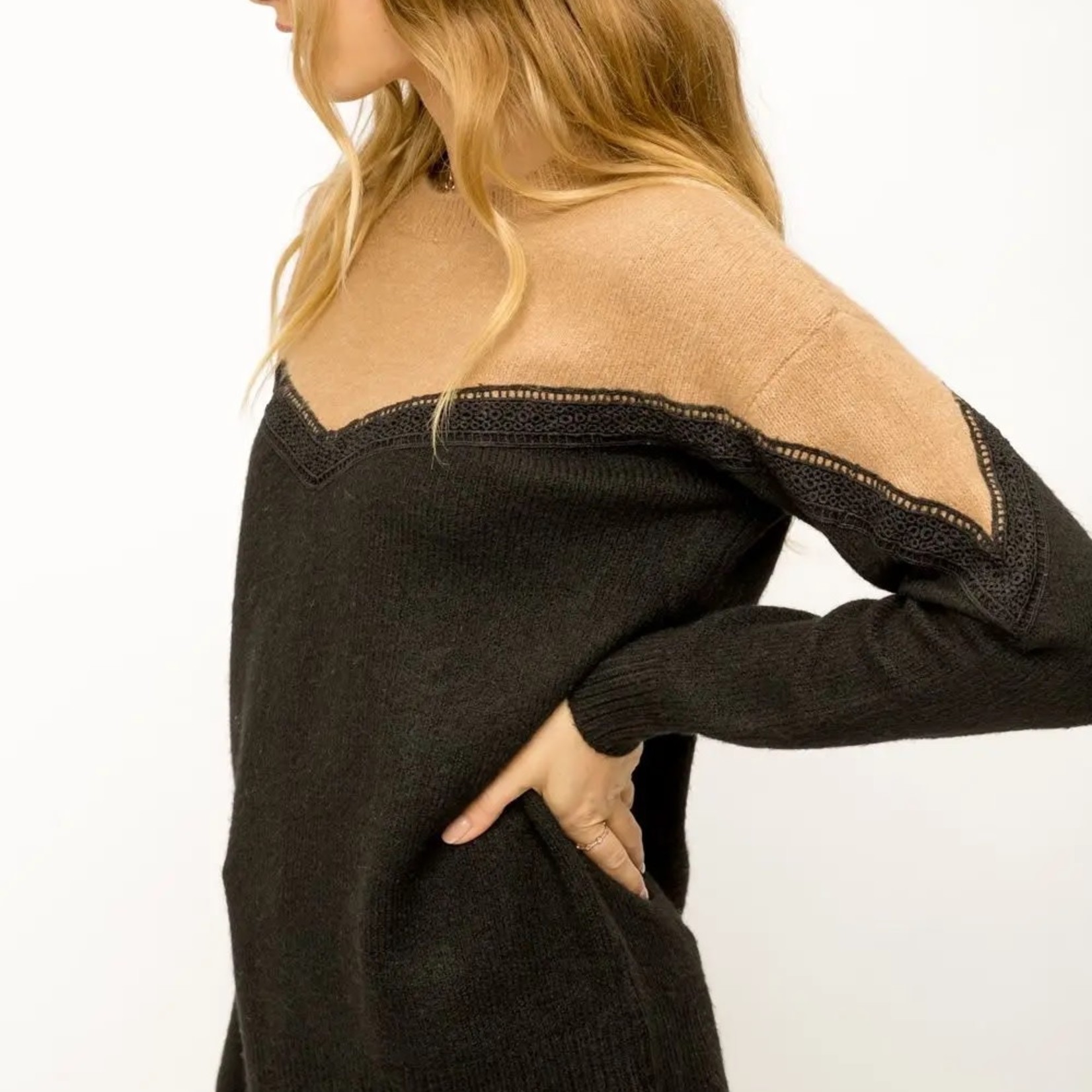 Mystree Black and Tan Embellished Sweater