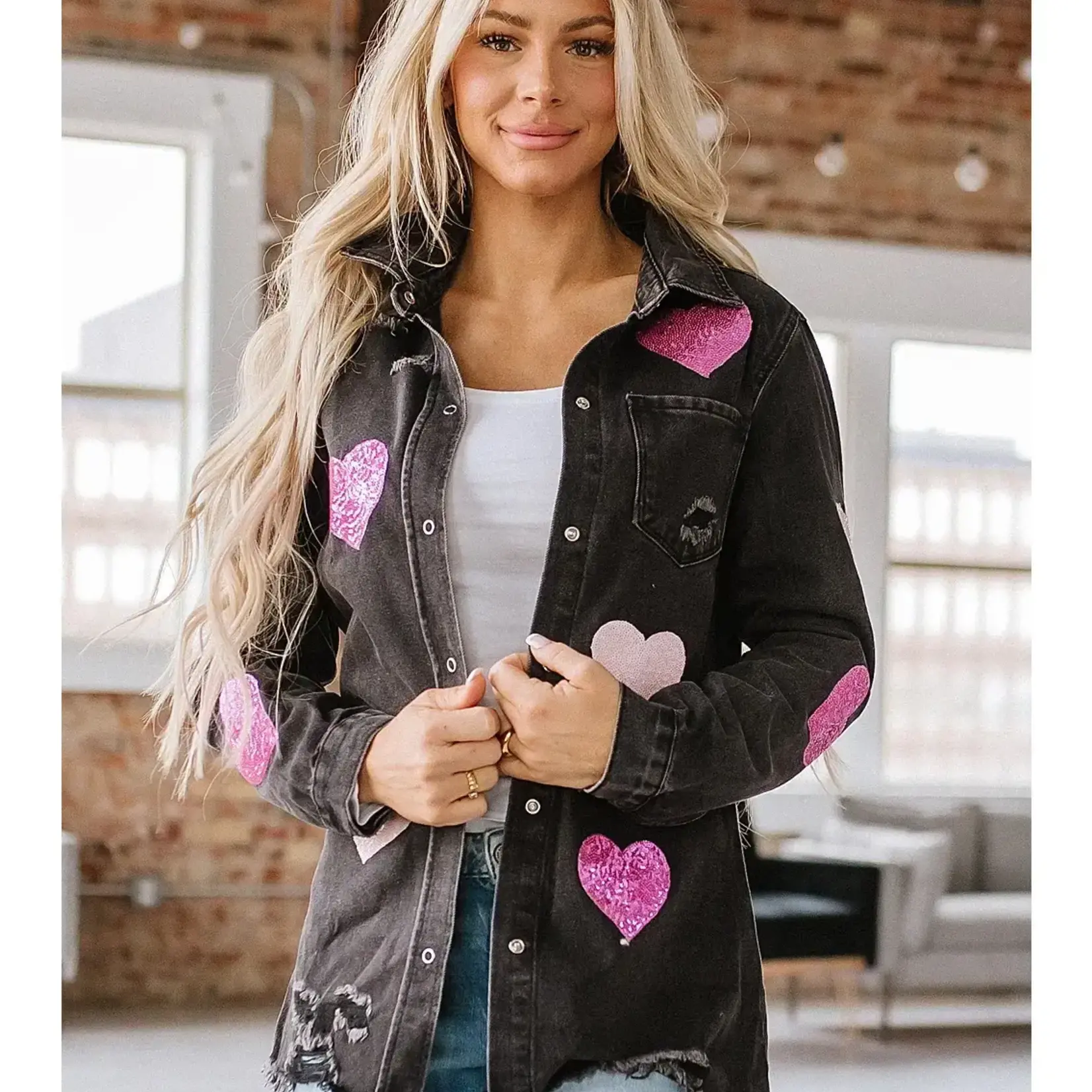 Liam and Company Sequin Heart Distressed Jean Jacket