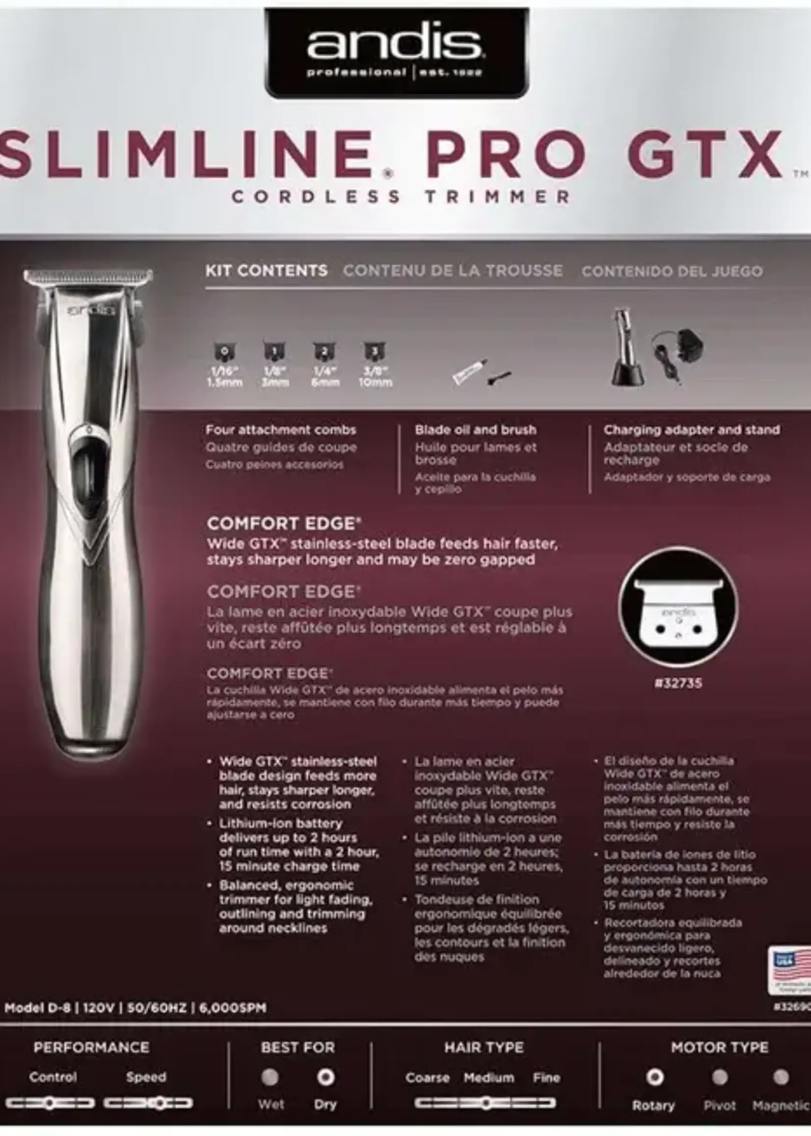 ANDIS Andis Slimline Pro GTX Li Cordless Trimmer (Chrome) Wide Blade