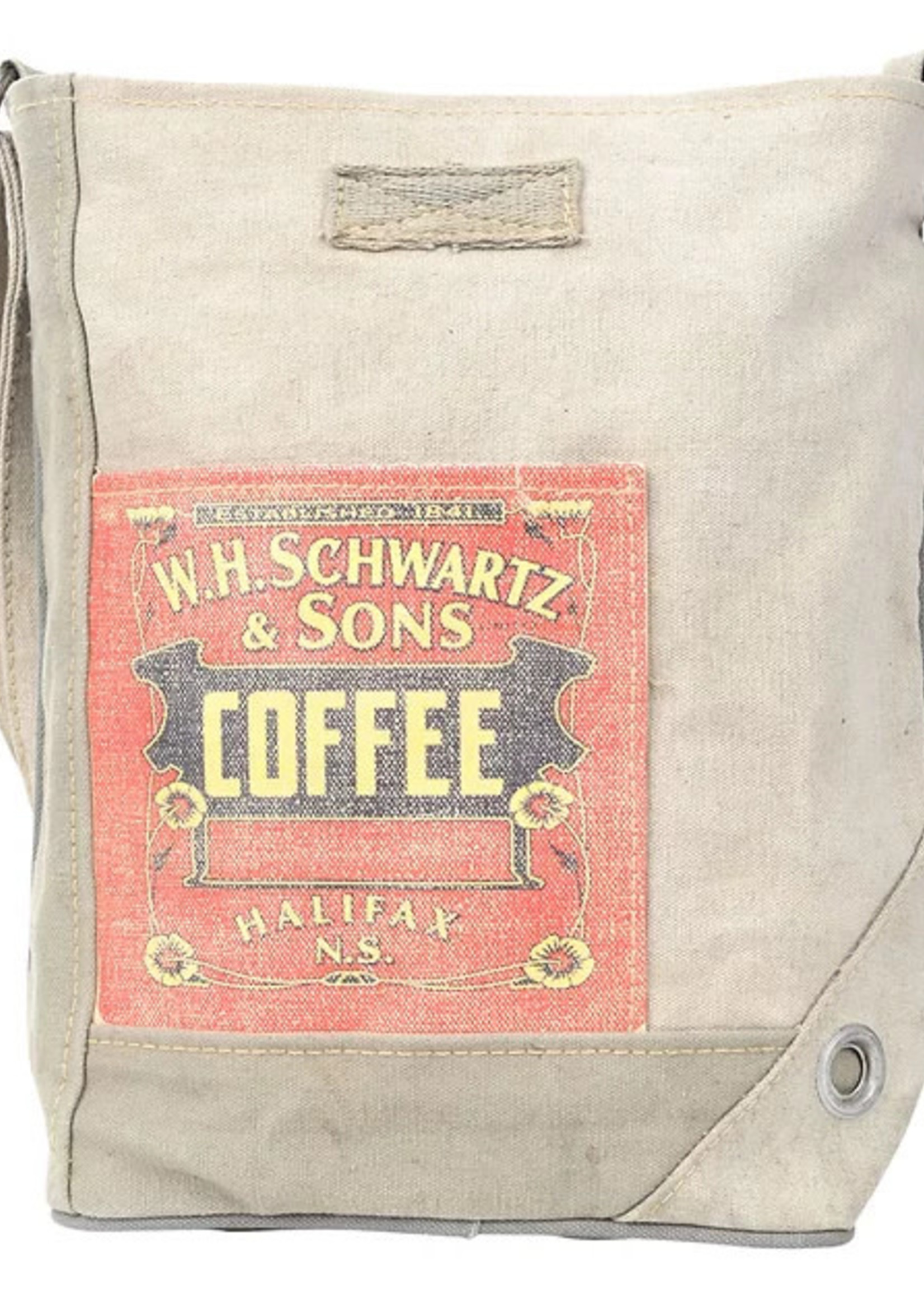 COFFEE PRINT CANVAS CROSSBODY BAG WITH FRONT AND BACK POCKET