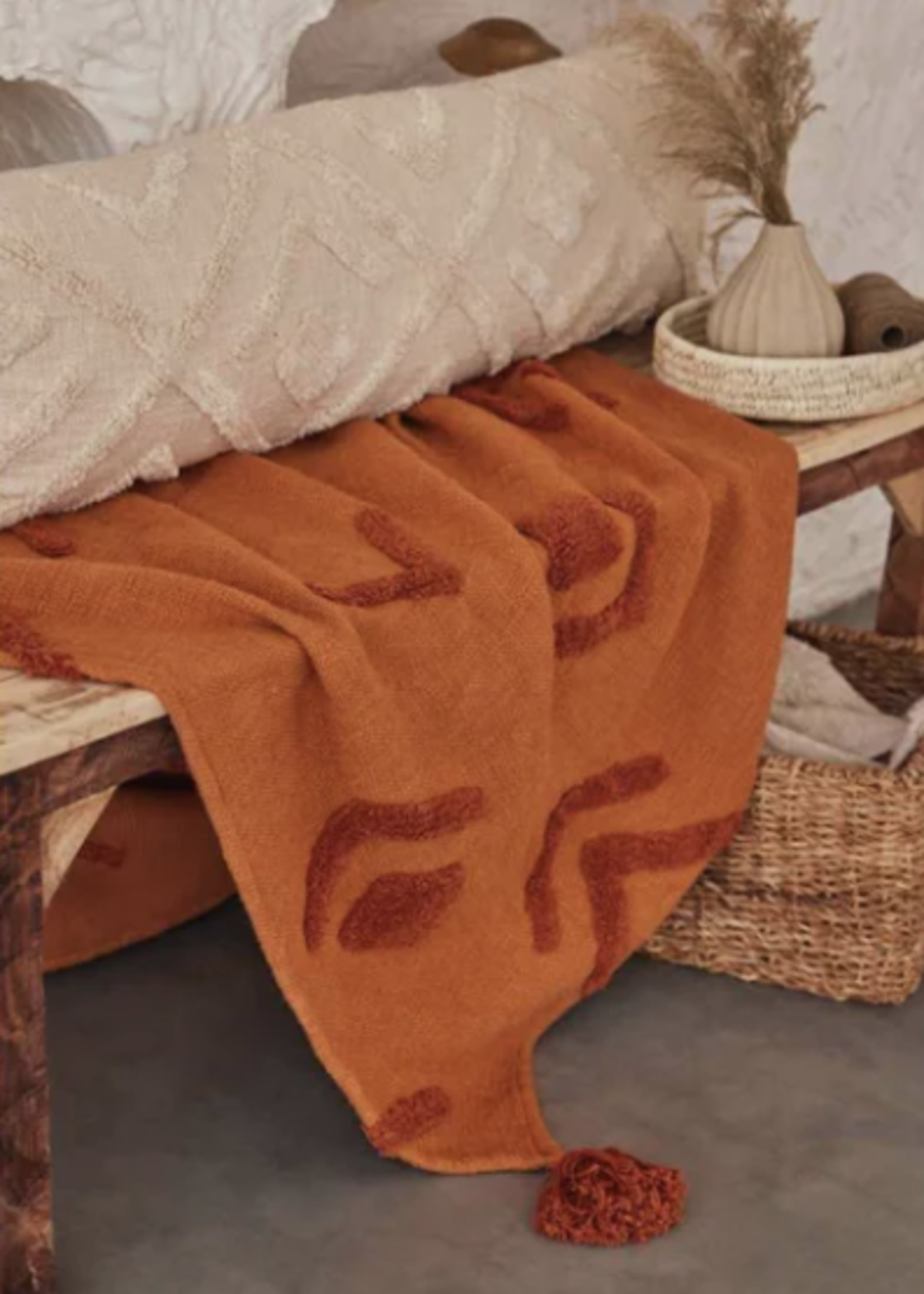 Handmade Boho Throw Blanket, Rust - 50x60
