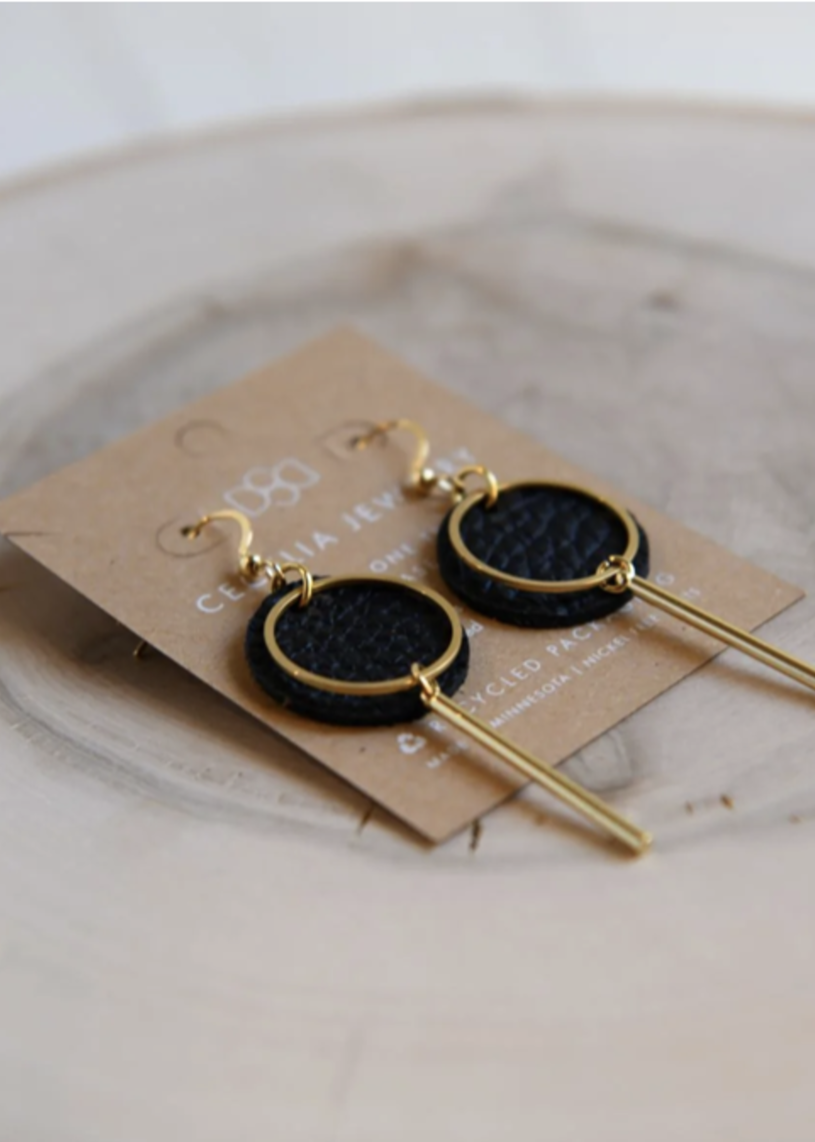 Round Bar Drop Leather Earrings - Black