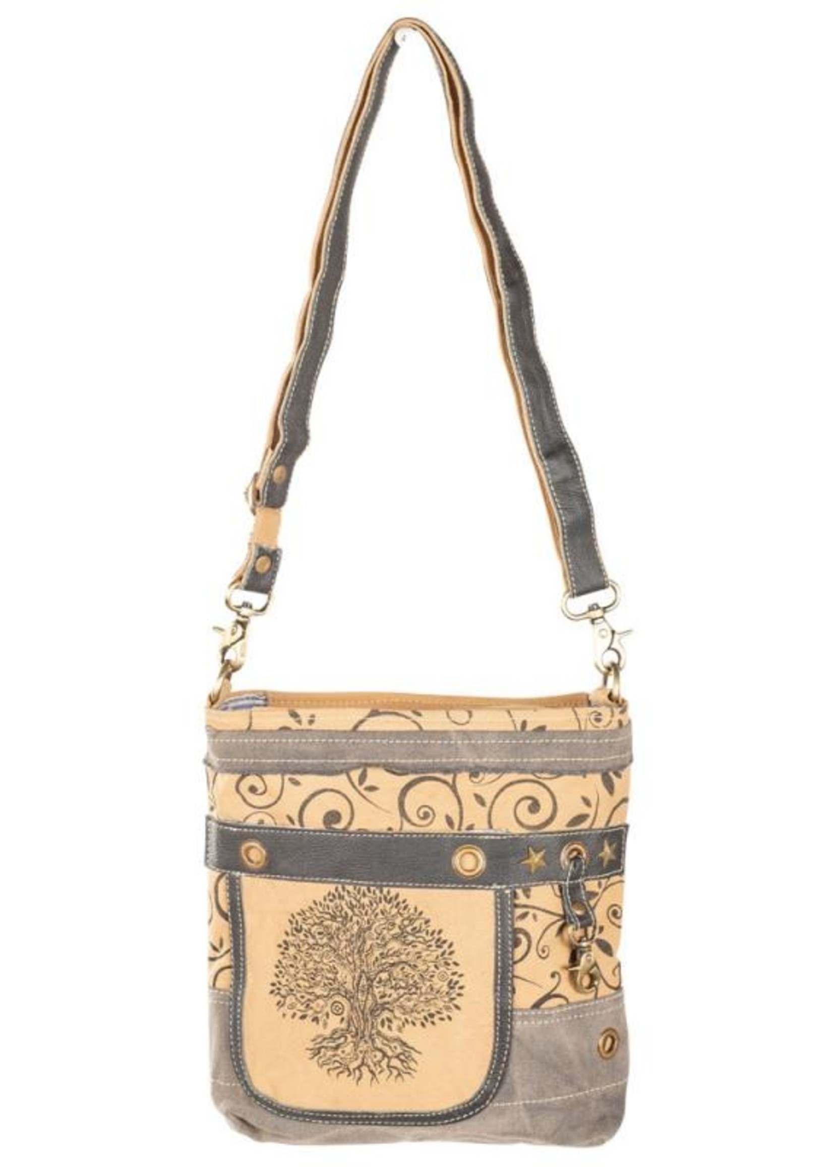Tree of Life Shoulder Bag Canvas, leather  & Recycled Rug 12" x 12" x 2.75"