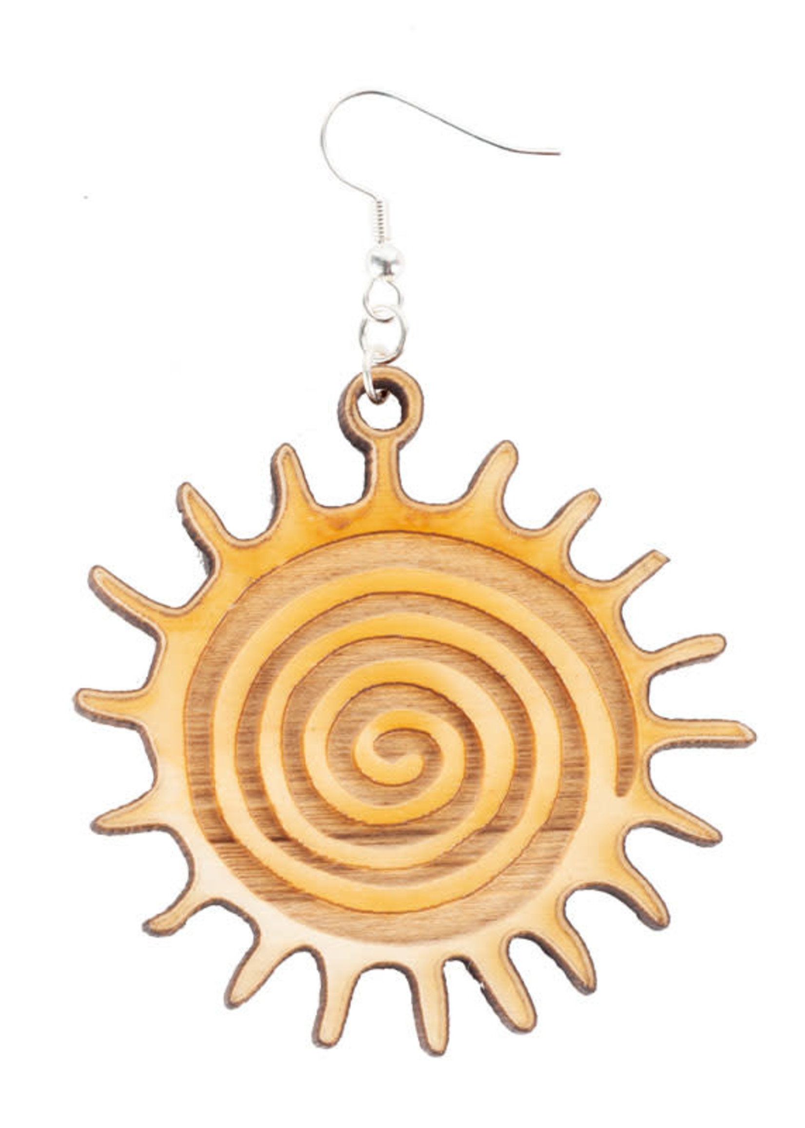 SPIRAL SUN Laser Cut Wood Earrings - Made in the U.S.A.;  1.4" x 1.4"; Maple