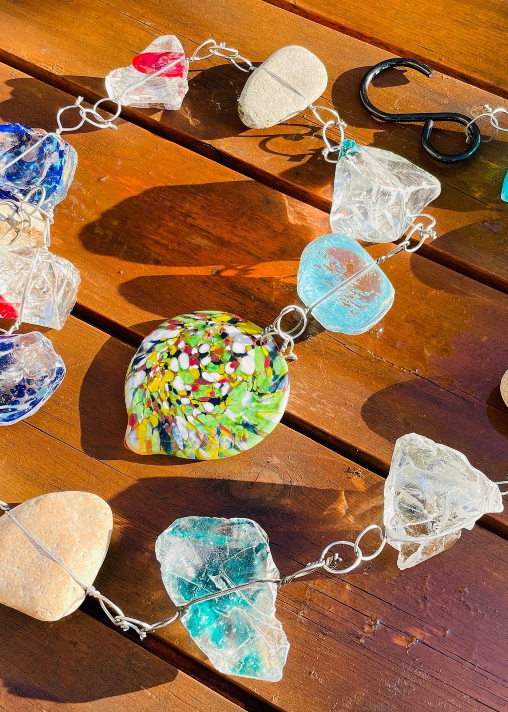 Recycled Large Art Glass & Rock Rain Chain 6'