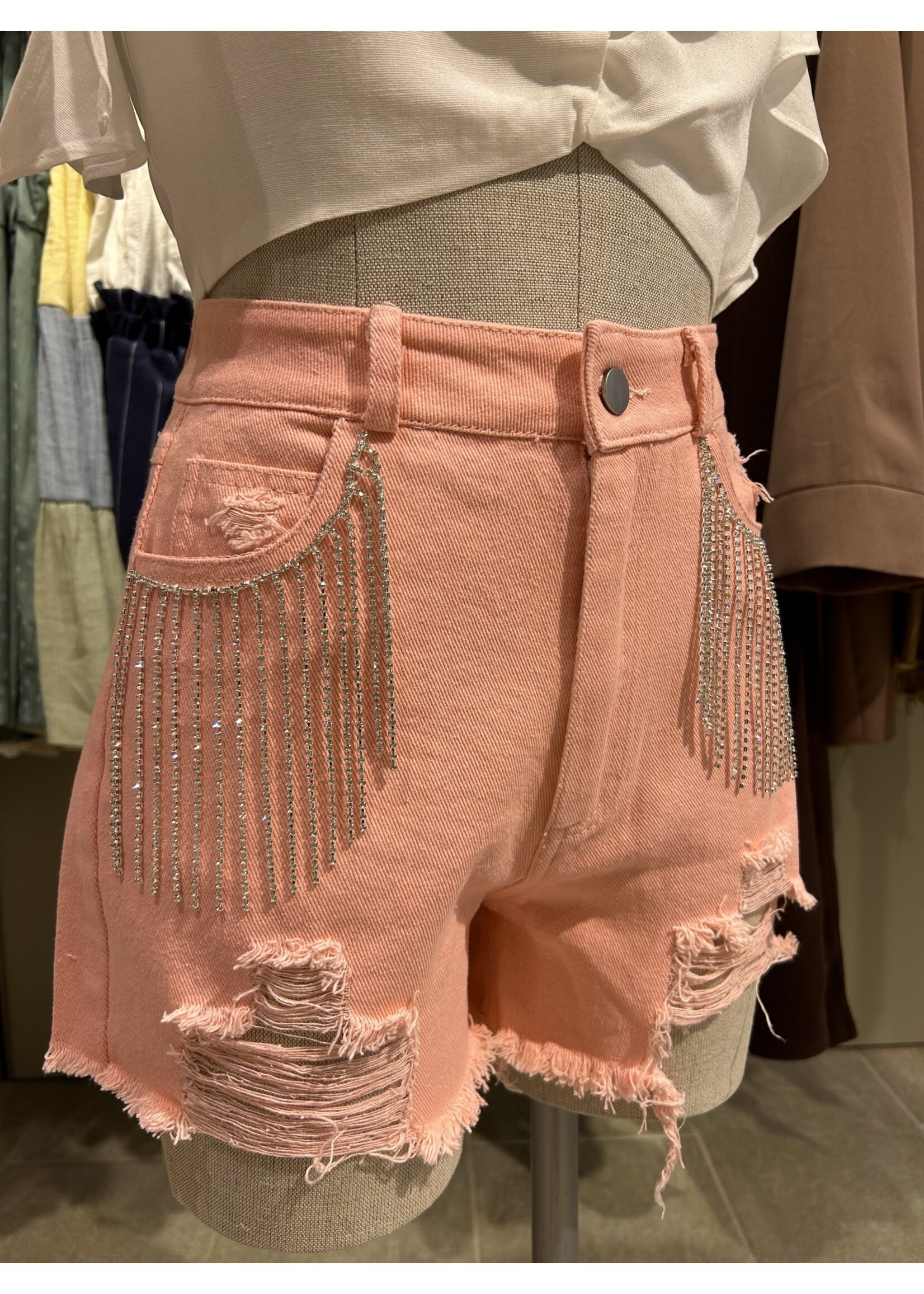 Pink Rhinestone Fringe Denim Shorts