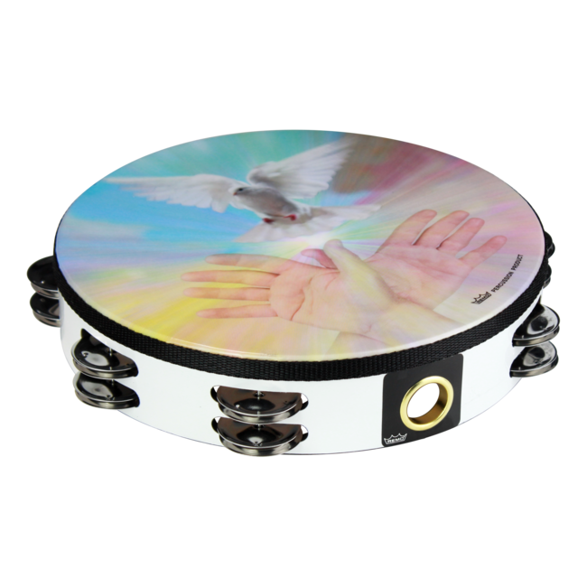 Remo - TA-9210-00-21 - Tambourine, Praise, 10" Diameter, 8 Pairs Jingles X 2 Rows, 'Sharing Hands' Graphic, White
