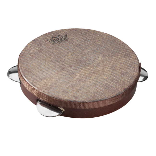 Remo - PD-8210-81-113 - Pandeiro, Choro Pandeiro, 10" X 1.75" Key-Tuned, Skyndeep Goat Brown Ultratac Drumhead, Satin Brass Aperture Jingles, Antique Veneer, Brown Finish