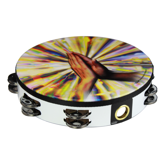 Remo - TA-9210-00-23 - Tambourine, Praise, 10" Diameter, 8 Pairs Jingles X 2 Rows, 'Ruach Spirit' Graphic, White
